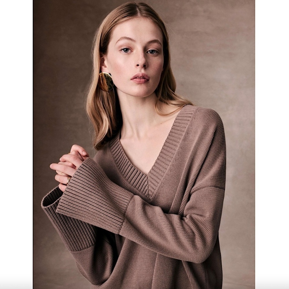 WHITE + WARREN Oversized V-Neck Sweater Heavy Organic Cotton L Mocha Brown